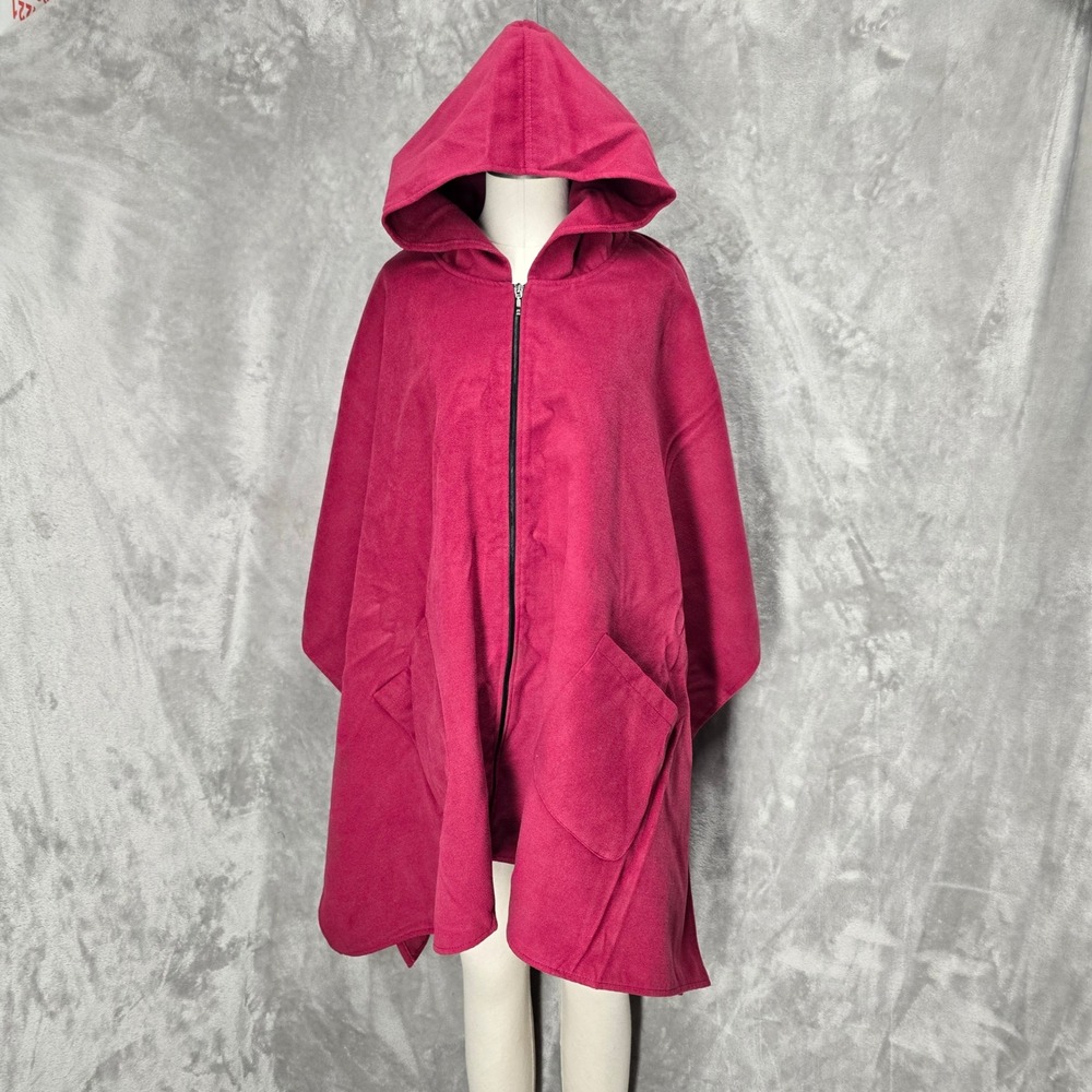 Hooded Fleece Poncho Cape Cloak Women XL Red Full Zip Pockets Oversized Layering